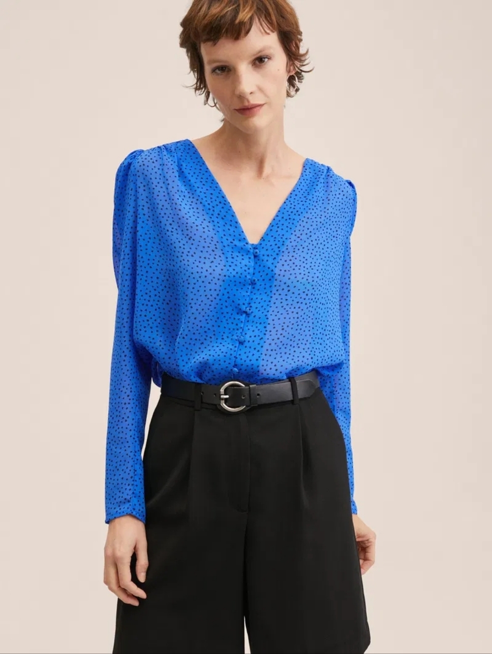 NWT Mango Blue Polka Dot Long Puff Sleeve Button Front Blouse